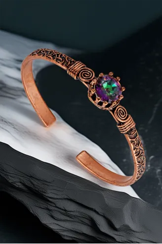 Kadın Bakır Bileklik Yüzük Set - Mistik Topaz Model 2 Ağaç Kabuğu Model İnce Metal Kutu Kuvars Taşlı