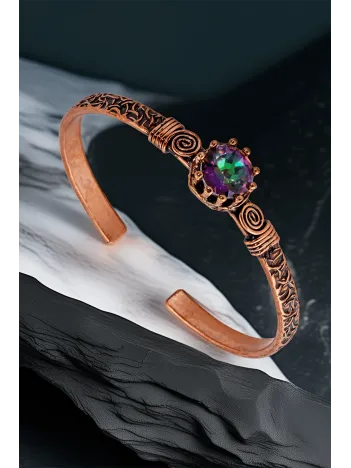 Kadın Bakır Bileklik Yüzük Set - Mistik Topaz Model 2 Ağaç Kabuğu Model İnce Metal Kutu Kuvars Taşlı