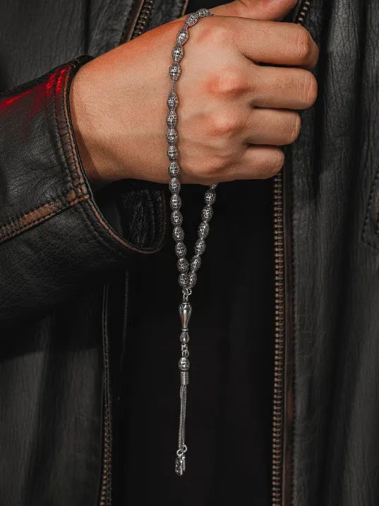 Erkek Tesbih - Efkar Oksitli 925 Ayar Gümüş Erkek Tespih Orta Boy 27gr