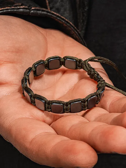 Erkek Kadın Doğal Taş Bileklik - Siyah Hematit Doğal Taşlı Yeşil Makrome Model 2 Unisex Bileklik