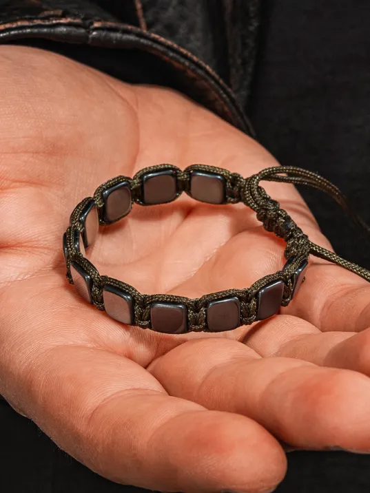 Erkek Kadın Doğal Taş Bileklik - Siyah Hematit Doğal Taşlı Yeşil Makrome Model 2 Unisex Bileklik