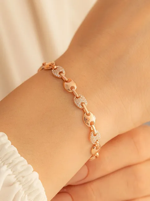 Kadın Gümüş Bileklik - Rose Altın Kaplama Zirkon Taşlı Gemici Model Gümüş Bileklik