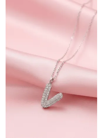 Kadın Gümüş Kolye - 925 Ayar Zirkon Taşlı Balon V Harfi Bayan Kolye