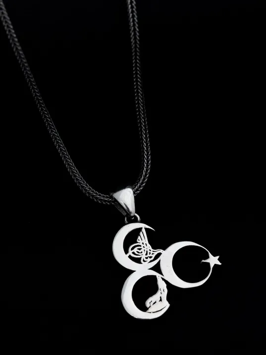 Üç Hilal Tuğralı Bozkurtlu Ay Yıldızlı Ülkücü Erkek Gümüş Kolye Zincir