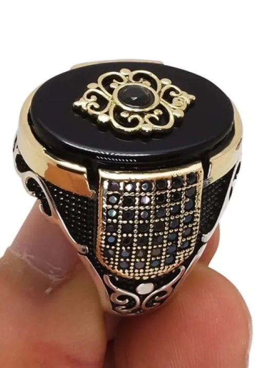 Nano Taş Detaylı Oniks Taşlı Otantik Gümüş Erkek Yüzük