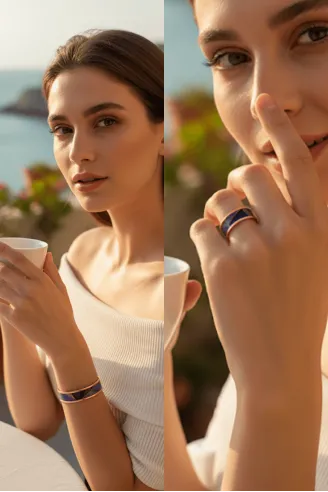 Kadın Bakır Bileklik Yüzük Set - Laura Model Özel Baskı Metal Kutu Ve Kuvars Taşı