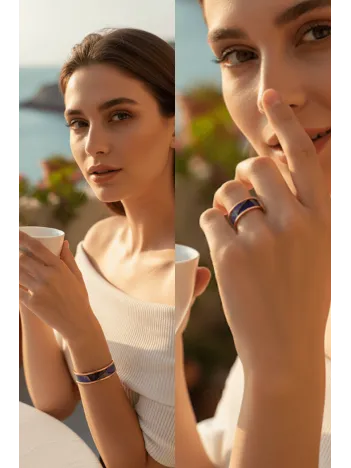 Kadın Bakır Bileklik Yüzük Set - Laura Model Özel Baskı Metal Kutu Ve Kuvars Taşı