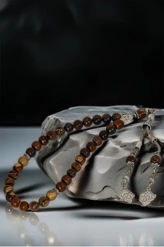 Erkek Doğal Taş Tespih - Doğal Kahverengi Jasper Taşlı Ortaboy Tesbih