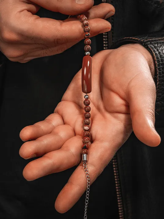 Erkek Kadın Doğal Taş Bileklik - Kırmızı Jasper Doğal taş Çelik Halat Ve Çelik Klipsli Bileklik