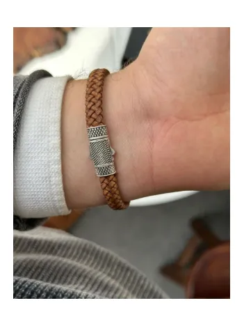 Erkek Bileklik - Deri Erkek Bileklik - Taşlı Erkek Bileklik - Taşlı Şerit Model-Kahverengi