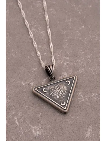 Gümüş Cevşen Muska Kadın Kolye Zincir Üç Hilal Tuğra Motifli