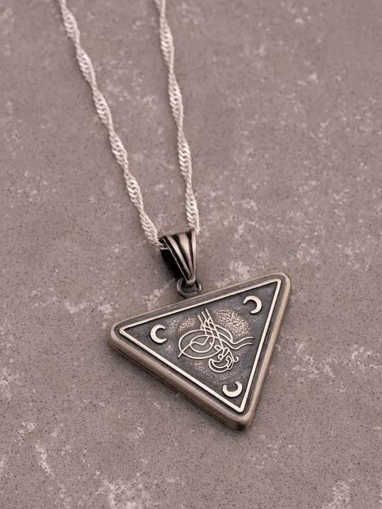 Gümüş Cevşen Muska Kadın Kolye Zincir Üç Hilal Tuğra Motifli