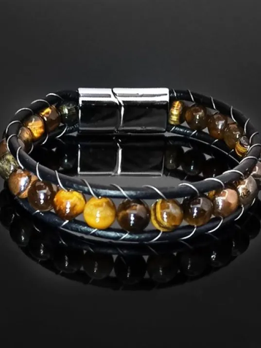 Doğal Taşlı Kaplan Gözü Çift Deri Bileklik DBLZKPNLGOZ-KHR