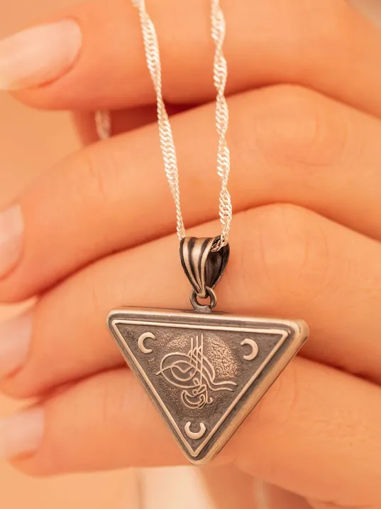 Gümüş Cevşen Muska Kadın Kolye Zincir Üç Hilal Tuğra Motifli