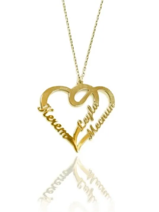 Çift Kalp Kişiye Özel İsimli Bayan Altın Renk Kolye GKLALT3ISMK