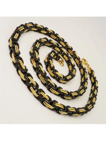 Sarı Siyah Kral Erkek Çelik Kolye Ve Bileklik Set Orta Kalınlıkta