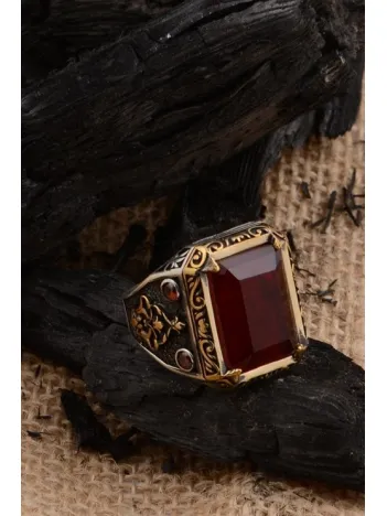 Kırmızı Paraiba Taşlı Zirkon İşlemeli 925 Ayar Gümüş Erkek Yüzük GYZMINELIYZ-KRS