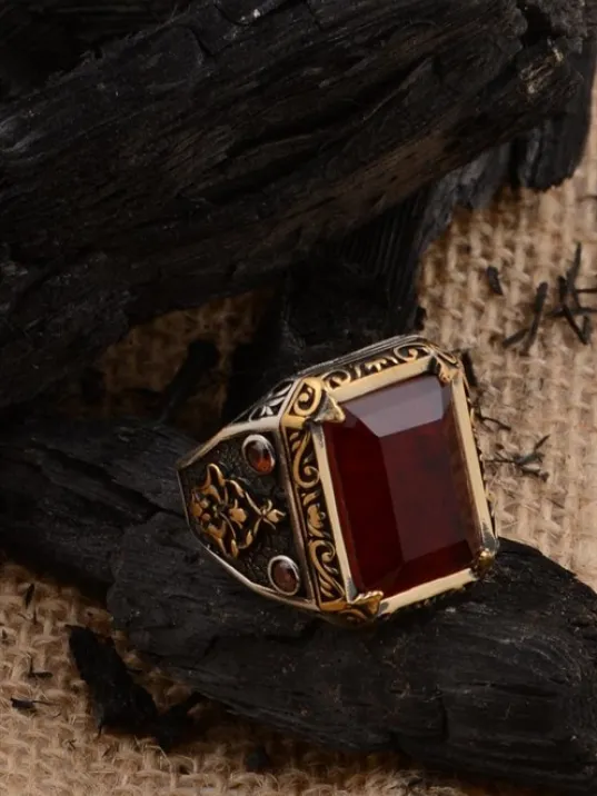 Kırmızı Paraiba Taşlı Zirkon İşlemeli 925 Ayar Gümüş Erkek Yüzük GYZMINELIYZ-KRS