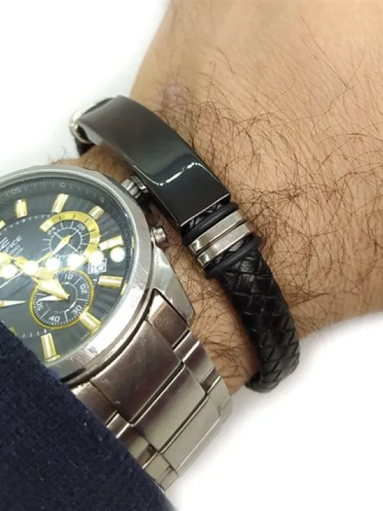 Kişiye Özel İsim Yazılan Çelik Deri Erkek Bileklik