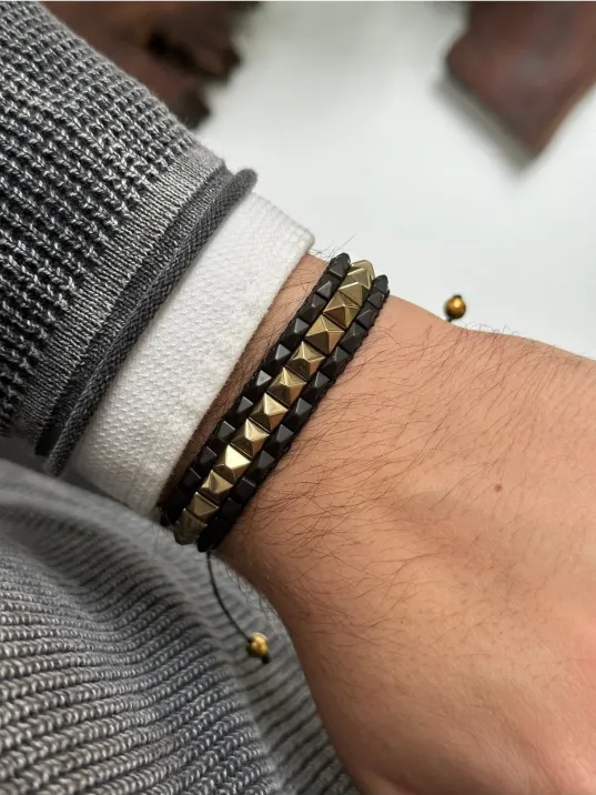 Erkek Hematit Doğal Taşlı Altın Kaplama Üçgen Model Doğal Taş Bileklik