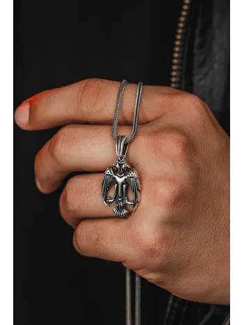 Erkek Gümüş Kolye - Tilki Kuyruk Zincirli Çift Başlı Selçuklu Kartalı Model Erkek Kolye