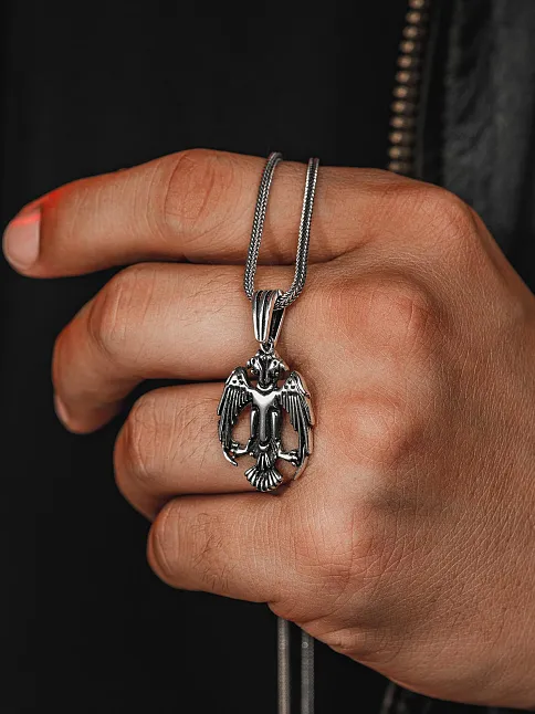 Erkek Gümüş Kolye - Tilki Kuyruk Zincirli Çift Başlı Selçuklu Kartalı Model Erkek Kolye