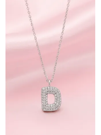 Kadın Gümüş Kolye - 925 Ayar Zirkon Taşlı Balon D Harfi Bayan Kolye