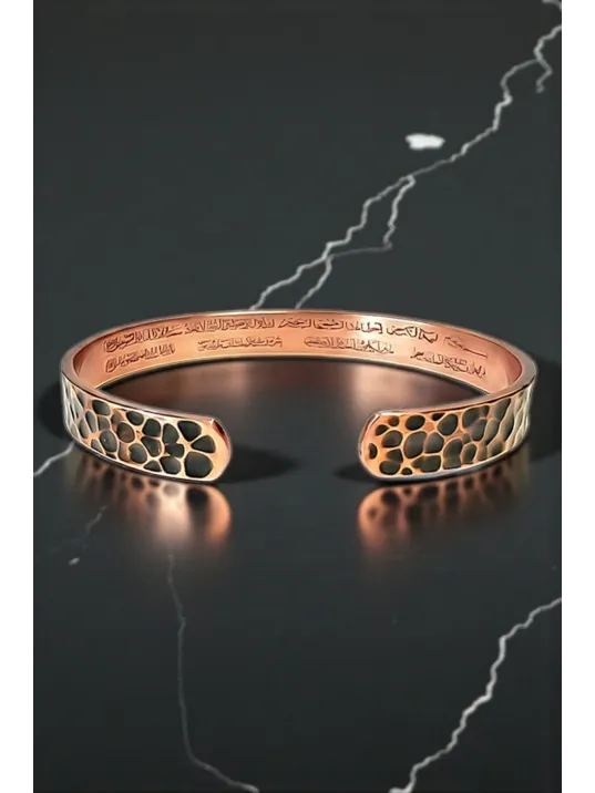 Erkek Kadın Bakır Bileklik - Model 2 Ayetel Kursi Dualı Saf Dövme Grift Kelepçe Metal Kutu Doğal Taş