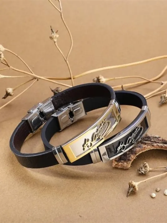 Atatürk İmzalı Erkek Çelik Deri Kauçuk Bileklik Paslanmaz Ve Kararmaz