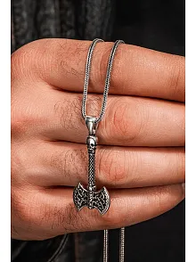 Viking Çift Başlı Savaş Baltası Erkek Gümüş Kolye 925 Ayar Mat Siyah