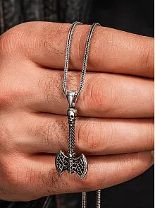 Viking Çift Başlı Savaş Baltası Erkek Gümüş Kolye 925 Ayar Mat Siyah
