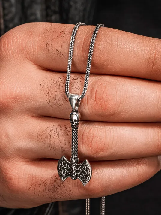 Viking Çift Başlı Savaş Baltası Erkek Gümüş Kolye 925 Ayar Mat Siyah