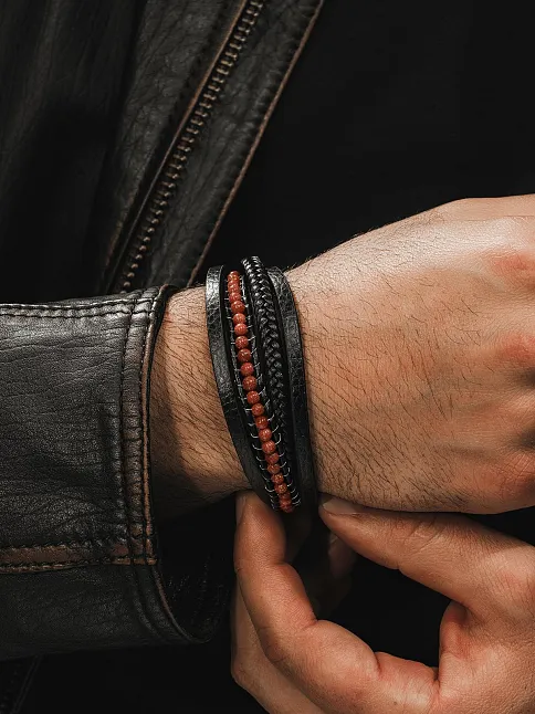 Erkek Deri Bileklik - Doğal Yıldız Taşı Çoklu Retro Paslanmaz Deri Örgü Kordon Bileklik