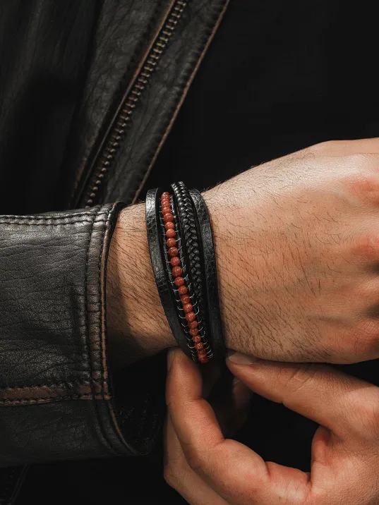 Erkek Deri Bileklik - Doğal Yıldız Taşı Çoklu Retro Paslanmaz Deri Örgü Kordon Bileklik