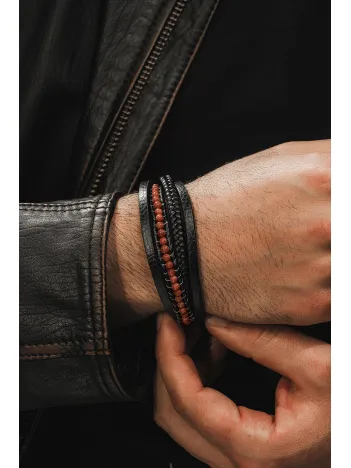 Erkek Deri Bileklik - Doğal Yıldız Taşı Çoklu Retro Paslanmaz Deri Örgü Kordon Bileklik