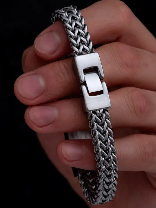 Erkek Çelik Bileklik - Bukle Model Çift Sıra Örüm Zincir Çelik Bileklik