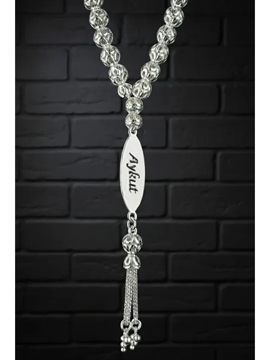 Erkek Gümüş Tespih - Çift Yön İsim Yazılabilir 925 Ayar Delikli Parlak Küre Kesim Tesbih Bilek Boy