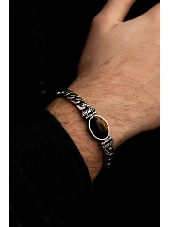 Erkek Gümüş Bileklik - Kaplan Gözü Gurmet Zincir Gümüş Bileklik Künye