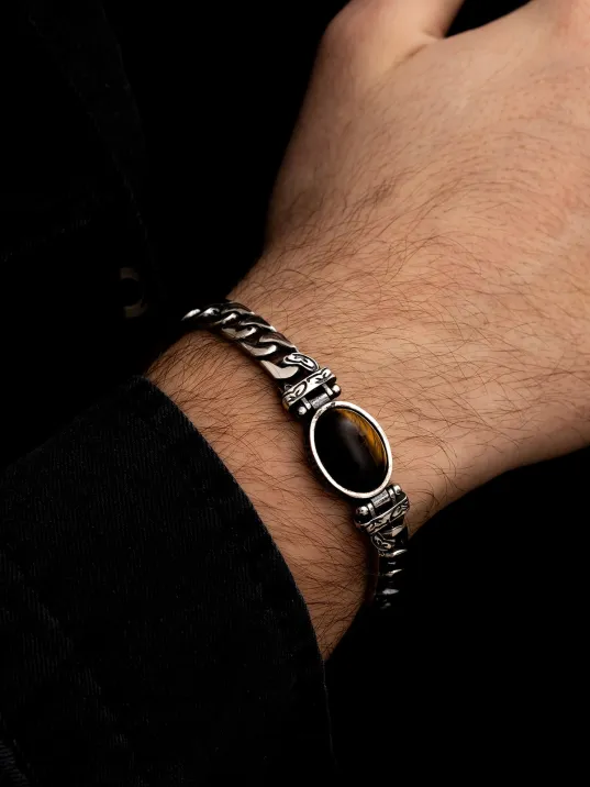 Erkek Gümüş Bileklik - Kaplan Gözü Gurmet Zincir Gümüş Bileklik Künye