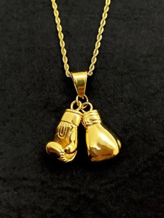 Altın Çift Çelik Boks Eldiveni Erkek Kolye Zincir Cklaltcboks