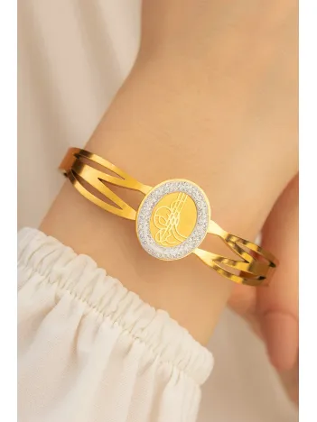 Kadın Çelik Bileklik - Altın Kaplama Tuğralı Zirkon Taşlı Model Çelik Bileklik