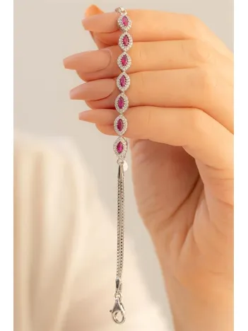 Kadın Gümüş Bileklik -Yakut ve Zirkon Taşlı Oval Model Gümüş Bileklik