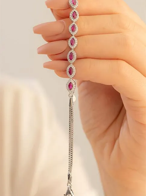 Kadın Gümüş Bileklik -Yakut ve Zirkon Taşlı Oval Model Gümüş Bileklik