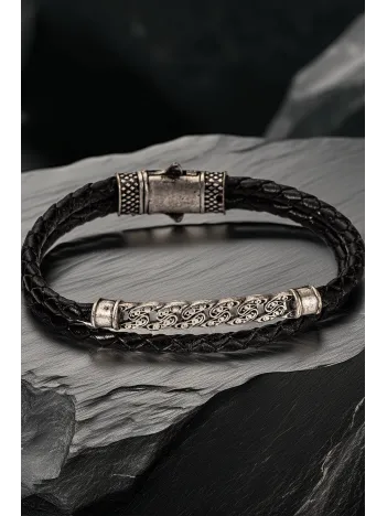 Siyah Örgü Deri Erkek Bileklik – Antik Gümüş Motifli Klipsli Tasarım Şık Model