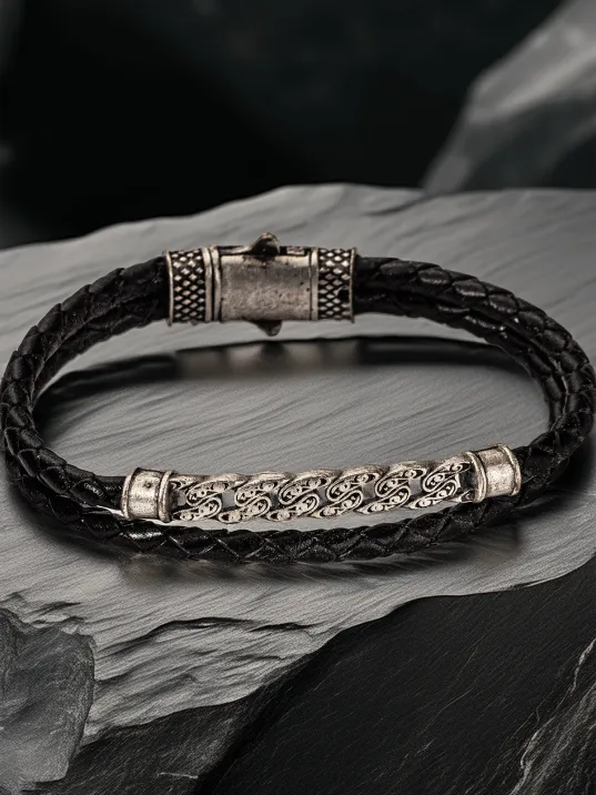 Siyah Örgü Deri Erkek Bileklik – Antik Gümüş Motifli Klipsli Tasarım Şık Model