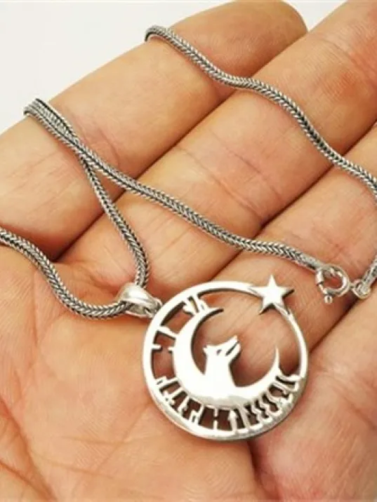 Göktürkçe Tanrı Türkü Korusun Ay Yıldız Bozkurt Erkek Gümüş Kolye