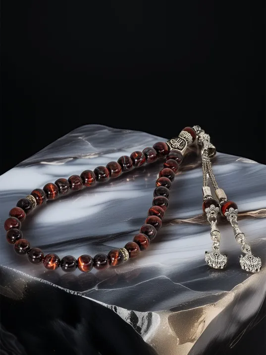 Erkek Doğal Taş Tespih - Doğal Kahverengi Kaplangözü Taşlı Ortaboy Tesbih