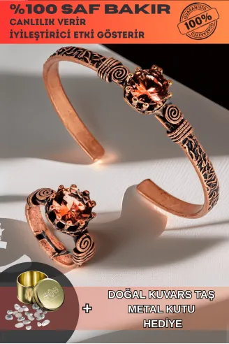 Kadın Bakır Bileklik Yüzük Set - Zultanit Taşı Model 2 Ağaç Kabuğu Model İnce Metal Kutu Kuvars Taşı