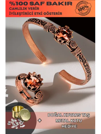 Kadın Bakır Bileklik Yüzük Set - Zultanit Taşı Model 2 Ağaç Kabuğu Model İnce Metal Kutu Kuvars Taşı