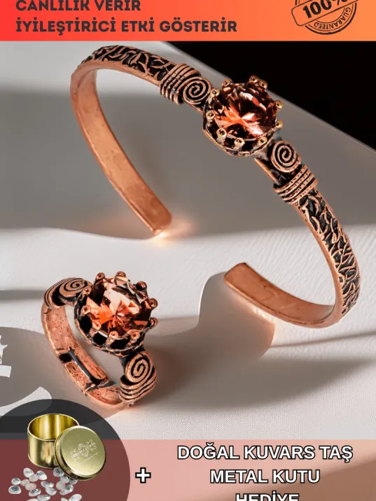 Kadın Bakır Bileklik Yüzük Set - Zultanit Taşı Model 2 Ağaç Kabuğu Model İnce Metal Kutu Kuvars Taşı